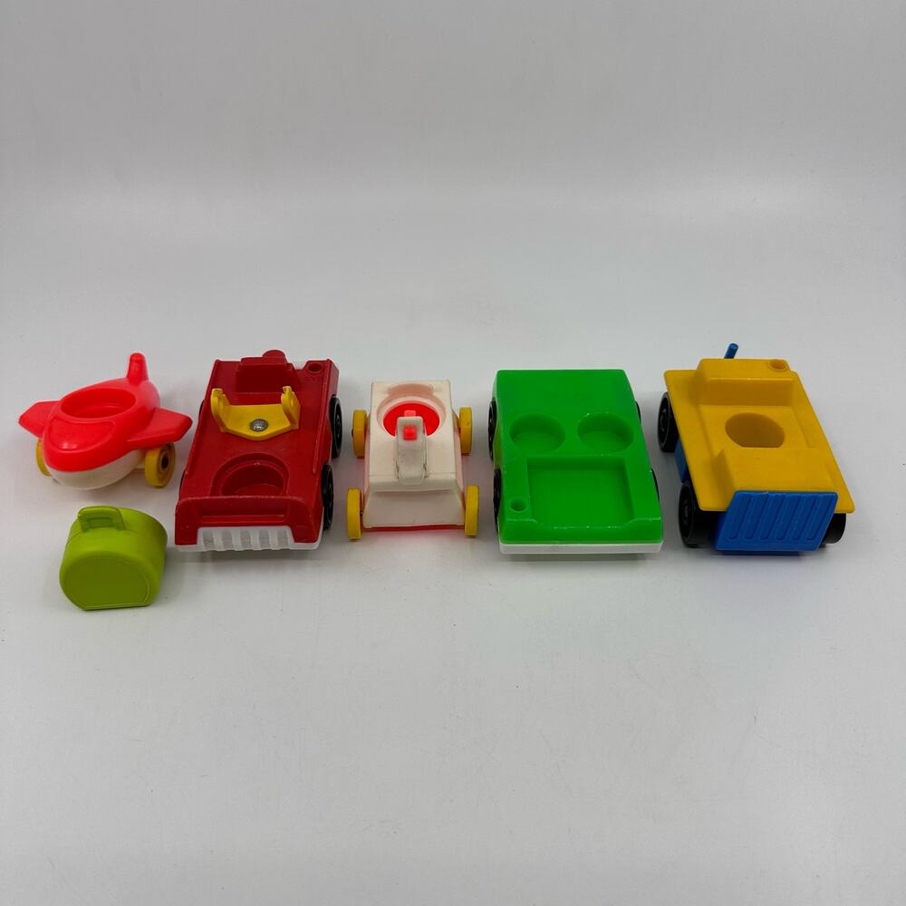Vintage Fisher Price Train Set with Airplane, Riding Horse, Bag, Vehicles 6 Pcs